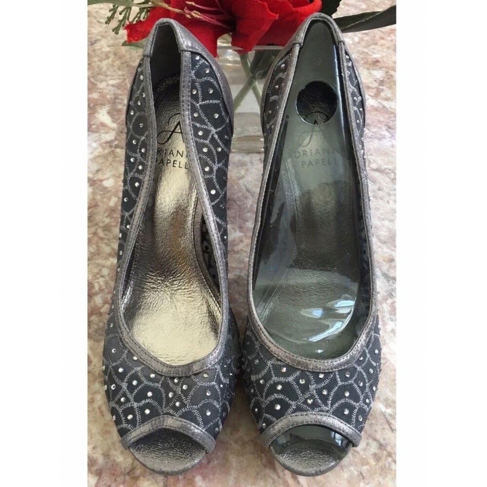 Adrianna Papell Foxy Rhinestones Mesh Gunmetal Peep-Toe Size EU 38. Dress Pumps.